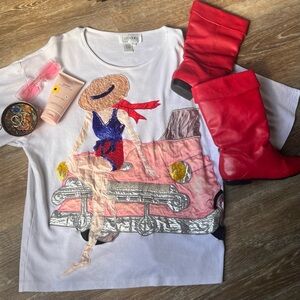 Thick Retro Fashionista Embroidered Beaded Classy Lady Red Pink Car Shirt Large